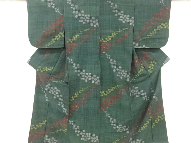 アンティーク　万寿菊模様織り出し手織り真綿紬単衣着物